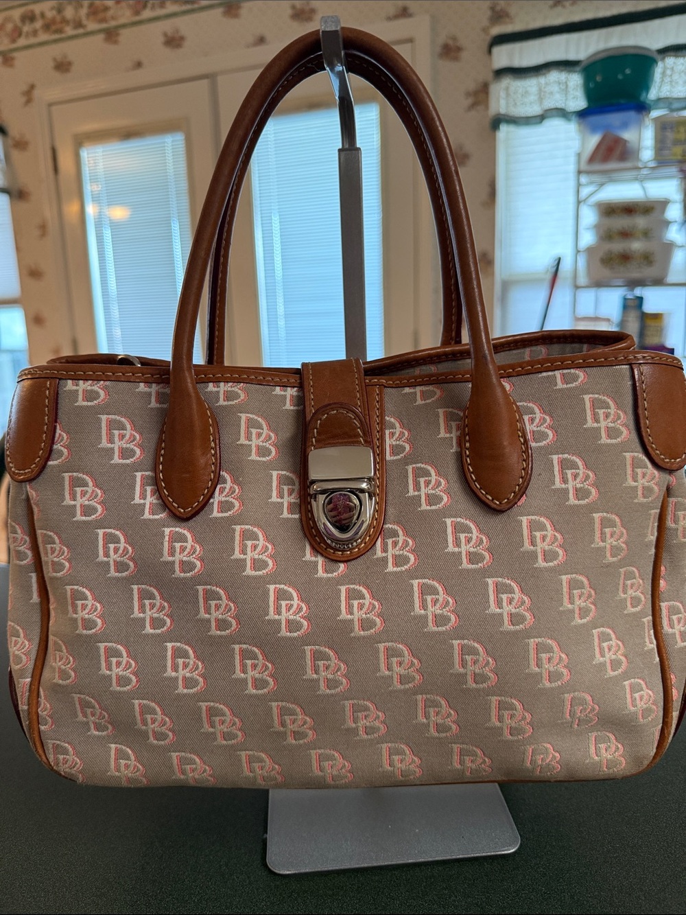 Dooney & Bourke Brown Leather Trim Satchel with Pink Monogram